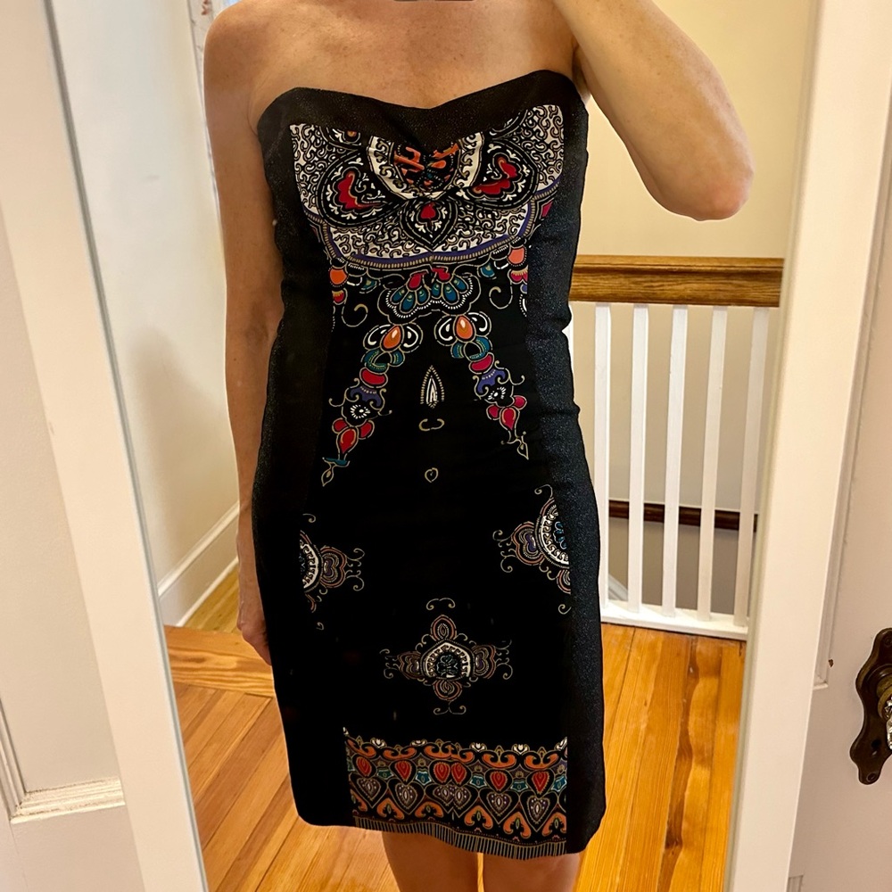 NWT Nicole Miller Studio ruched black/multicolor strapless silk dress size 8